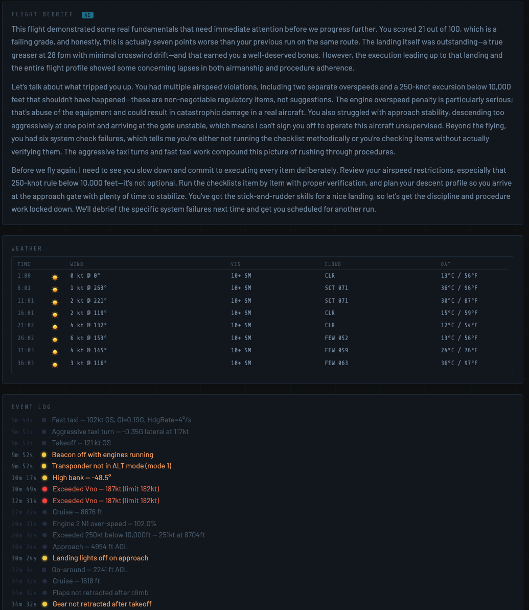 CheckRide AI-generated flight debrief with weather and event log