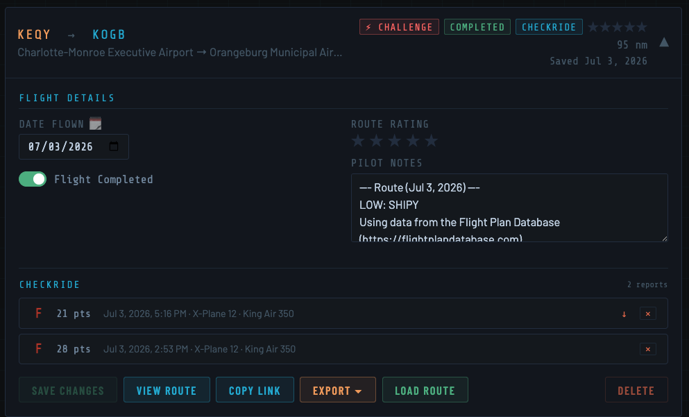 CheckRide report saved into the SimLetsFly flight logbook